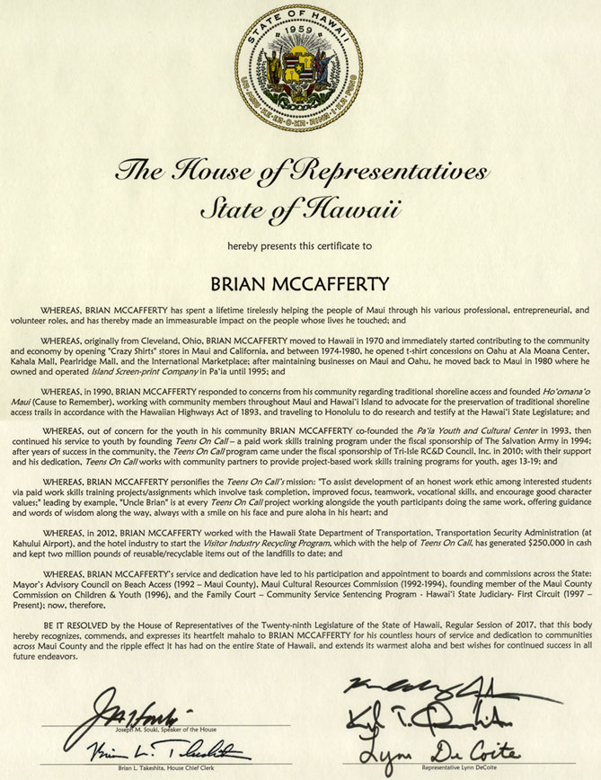 2017 Resolution 158 Award from Hawaii State to Brian McCafferty 2017 Resolution 158 Award from Hawaii State to Brian McCafferty